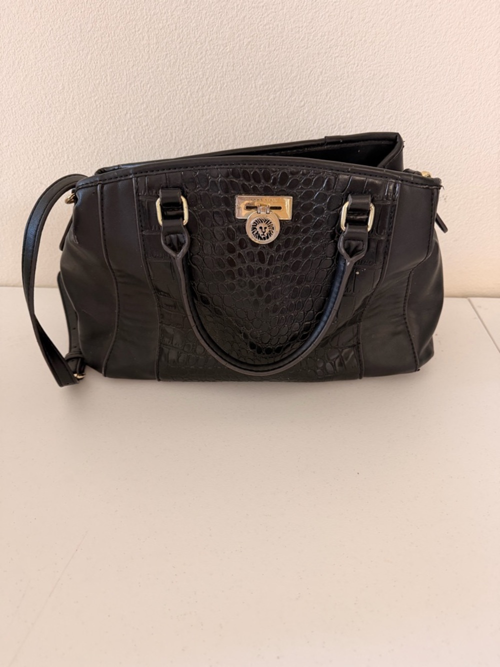 Anne Klein Black Croc-Embossed Satchel with Gold Hardware